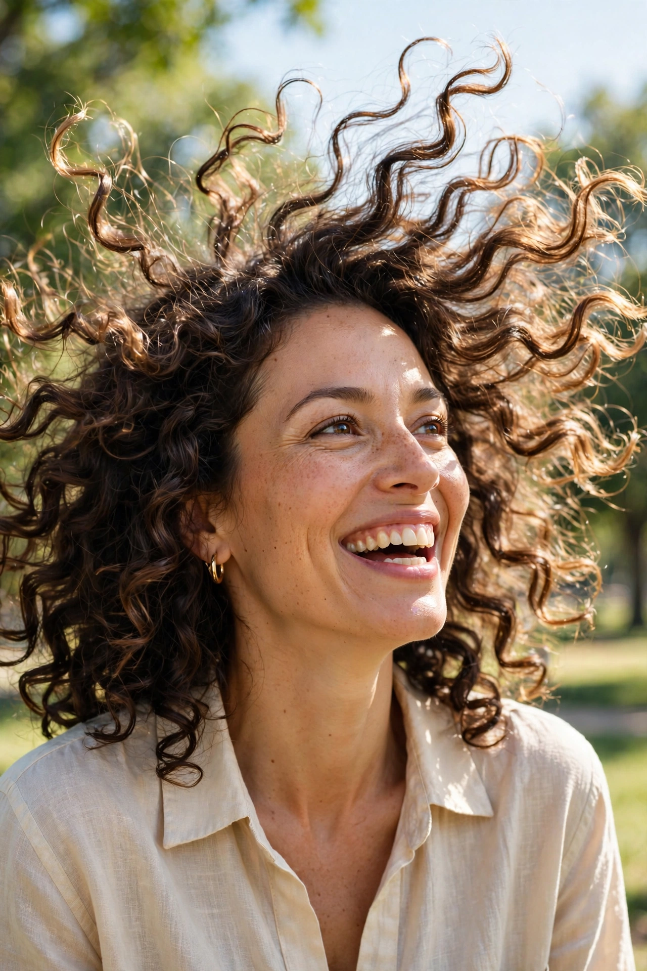 woman with bouncy healthy curly hair in daylight