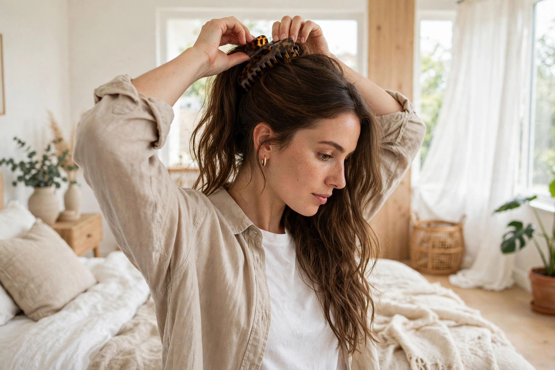 woman styling hair with large tortoiseshell claw clip