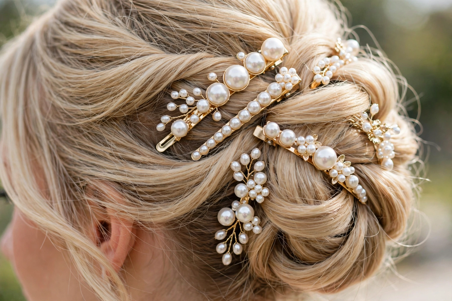 pearl barrettes in styled blonde updo close up