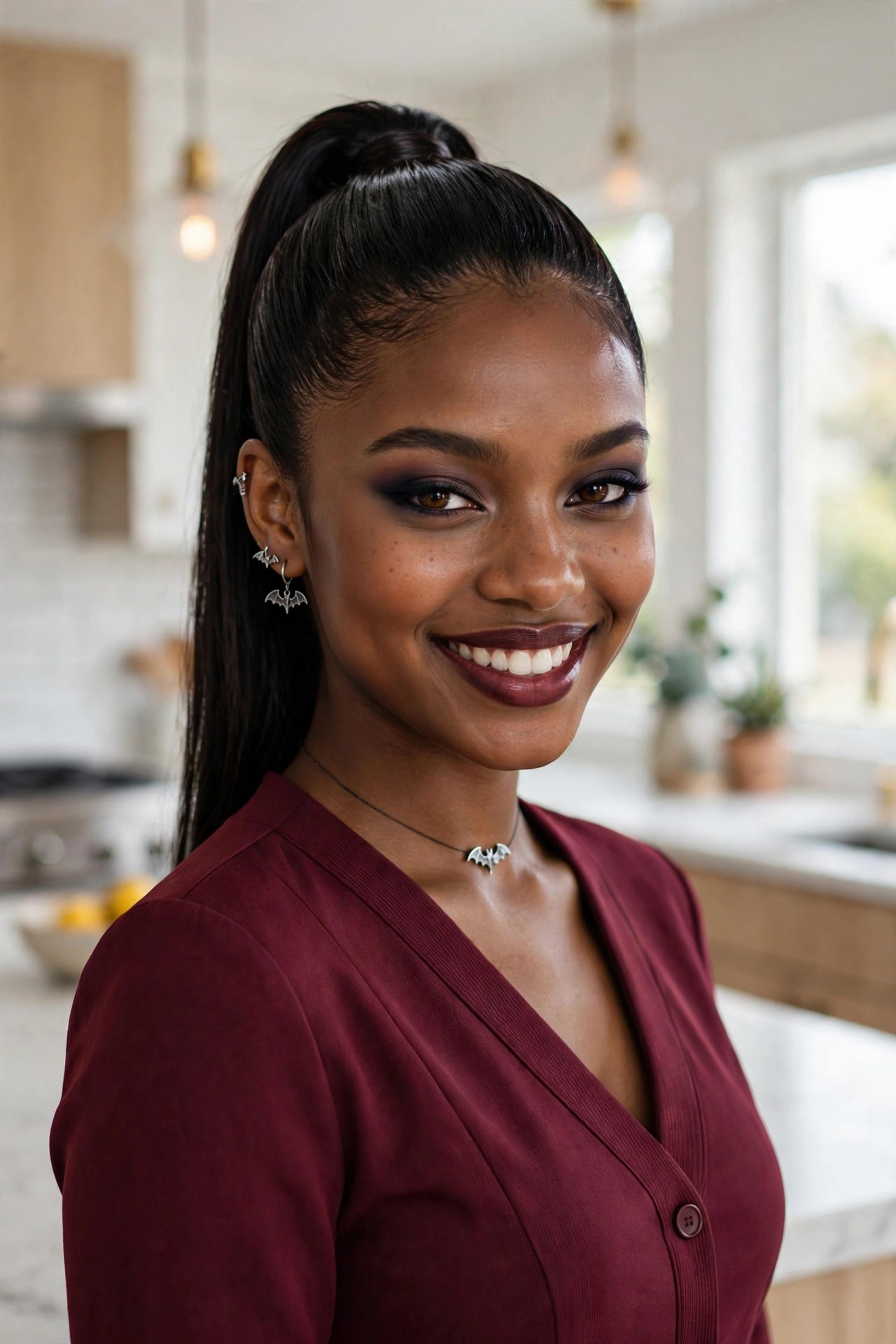 sleek dark velvet ponytail with vampire-inspired styling