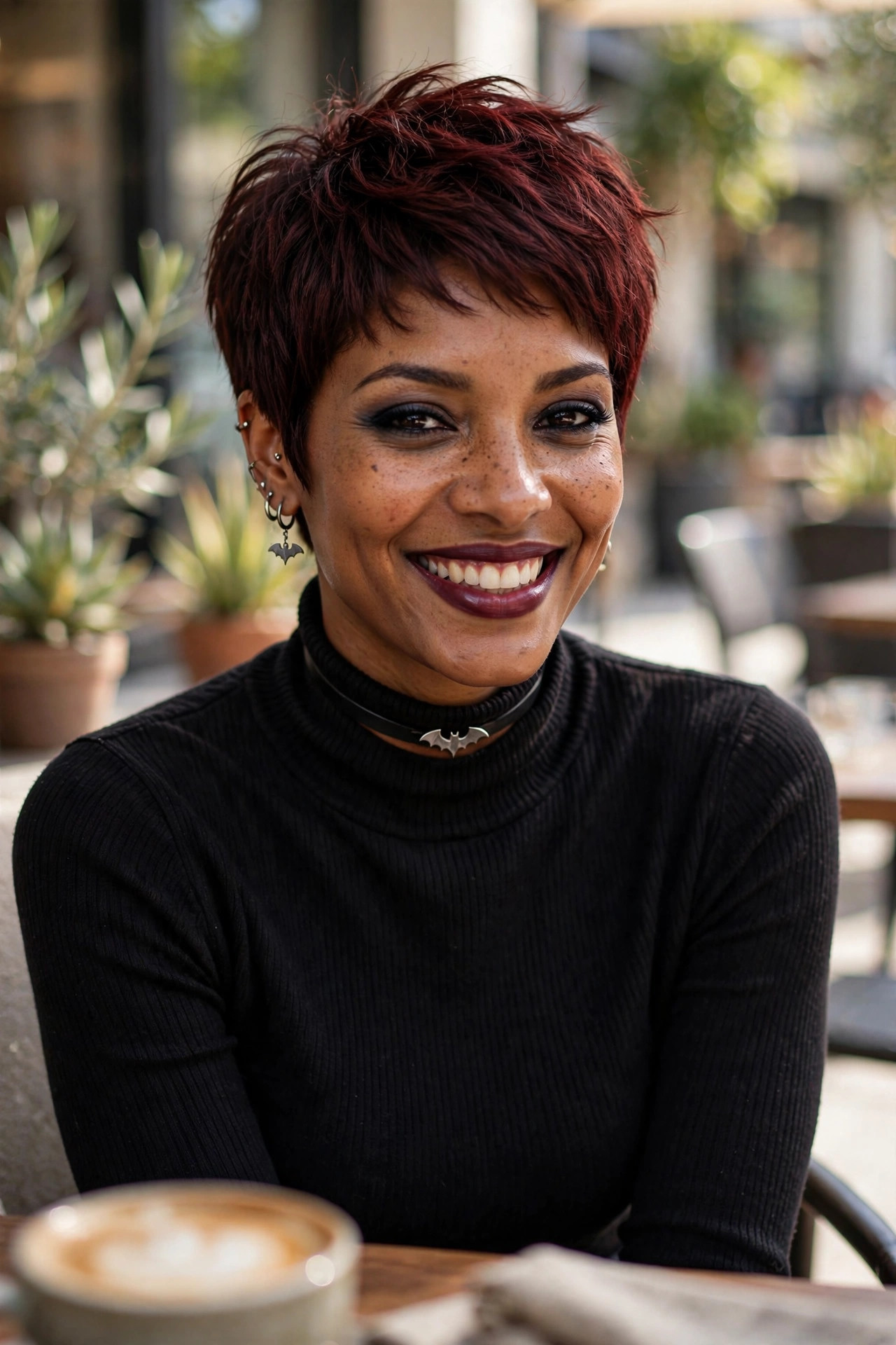 short dark cherry pixie with edgy vampire-inspired color