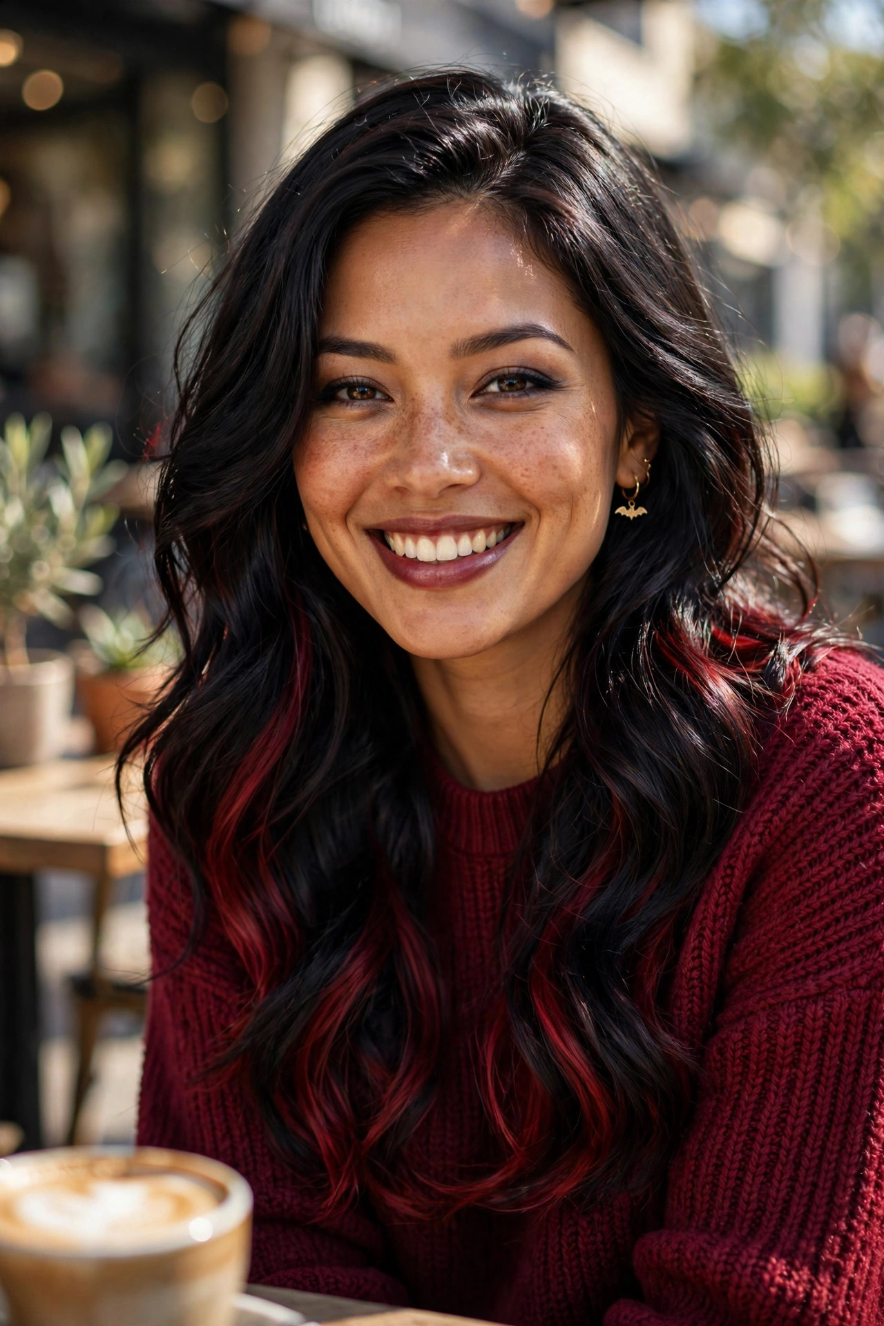 hidden crimson peekaboo highlights with dark vampire-inspired hair