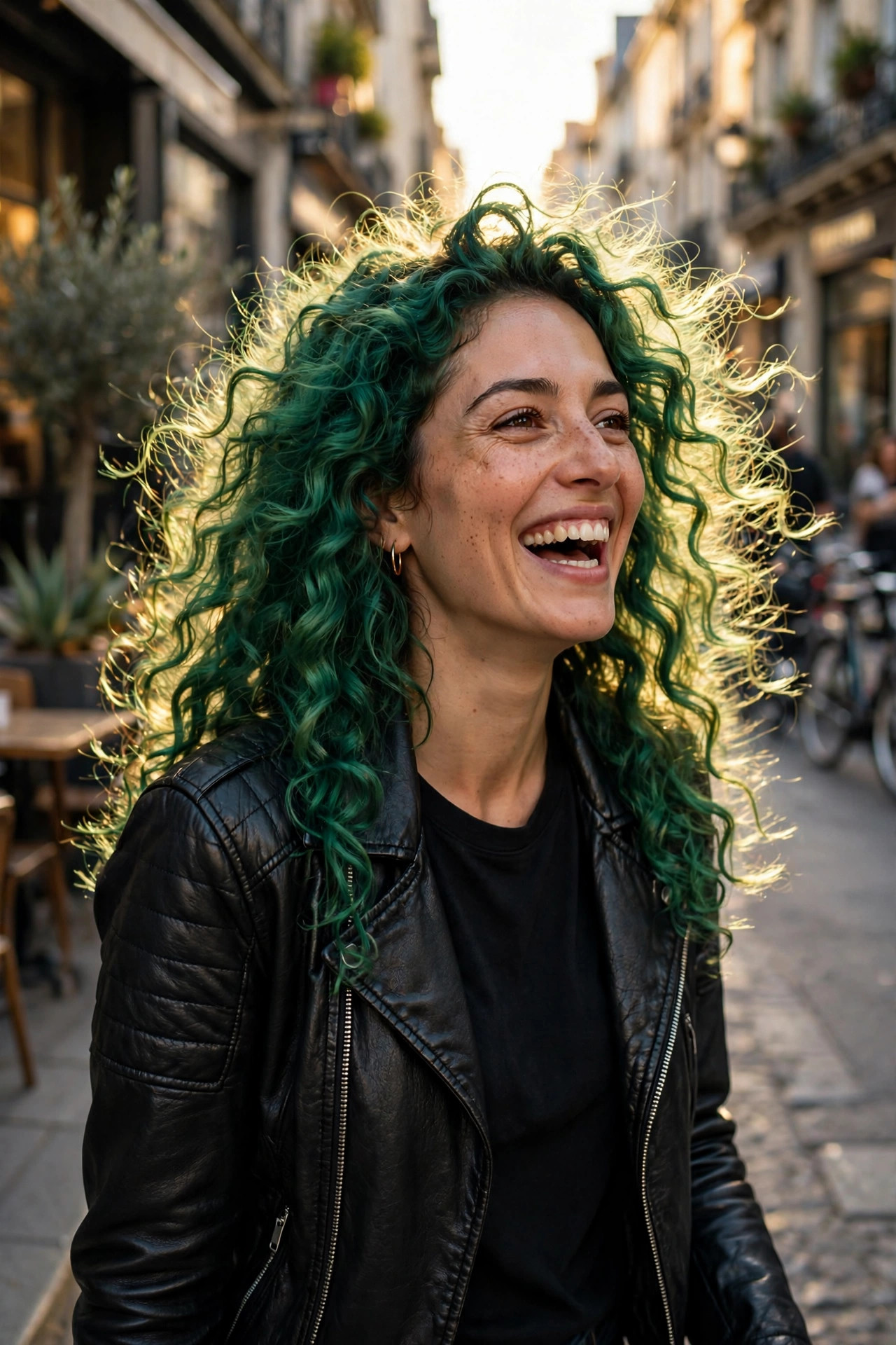 emerald green curly witch hairstyles on a smiling woman