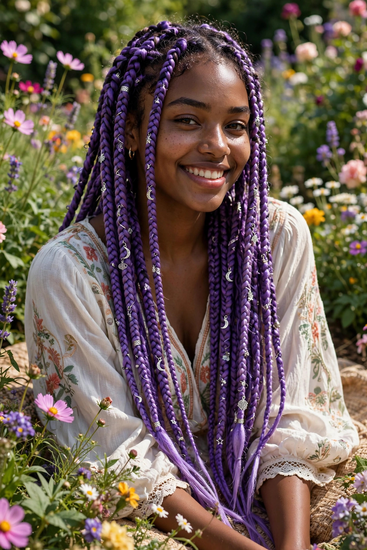 long purple braided hair with silver charms