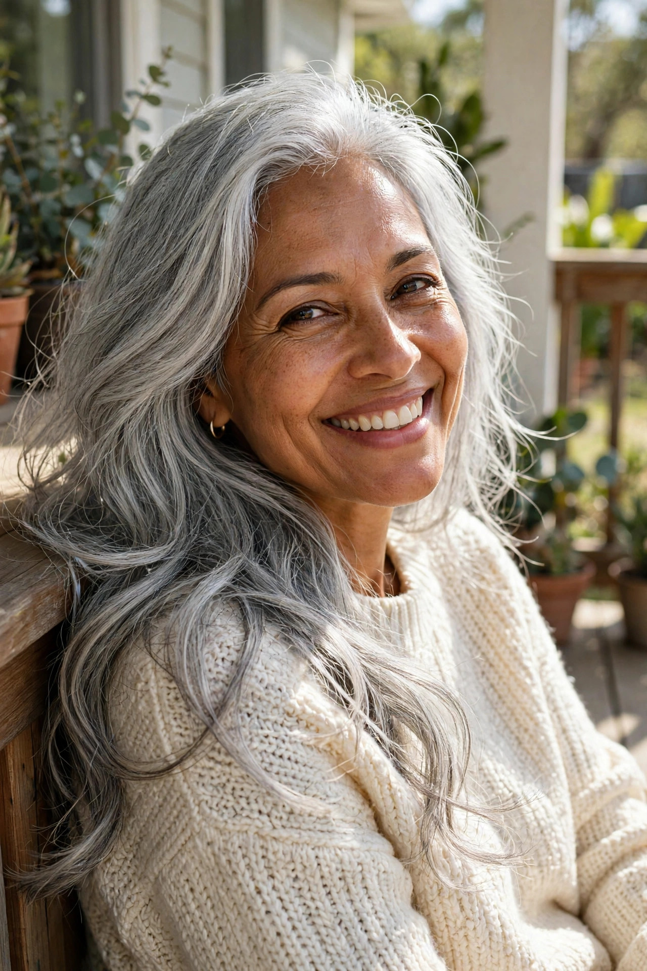 long silver moonlight hair on a smiling woman