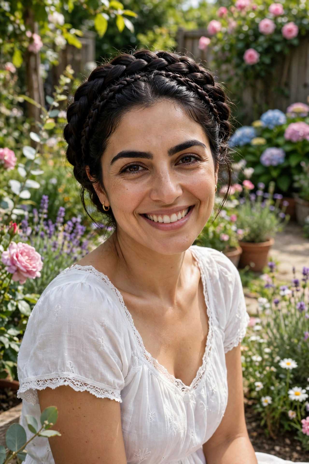 braided crown halo hairstyle on smiling woman