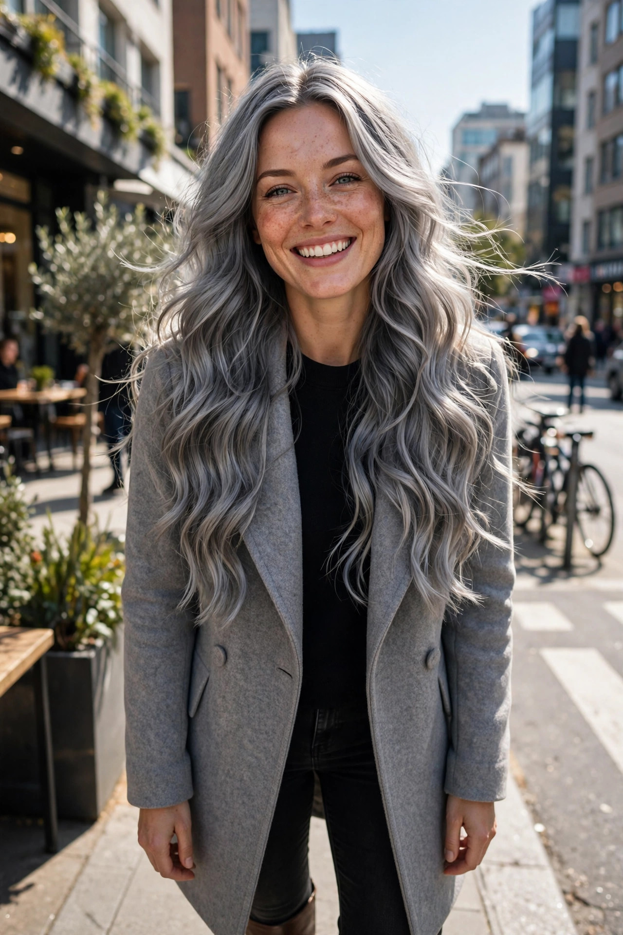 ash gray wavy hair with smoky dimension