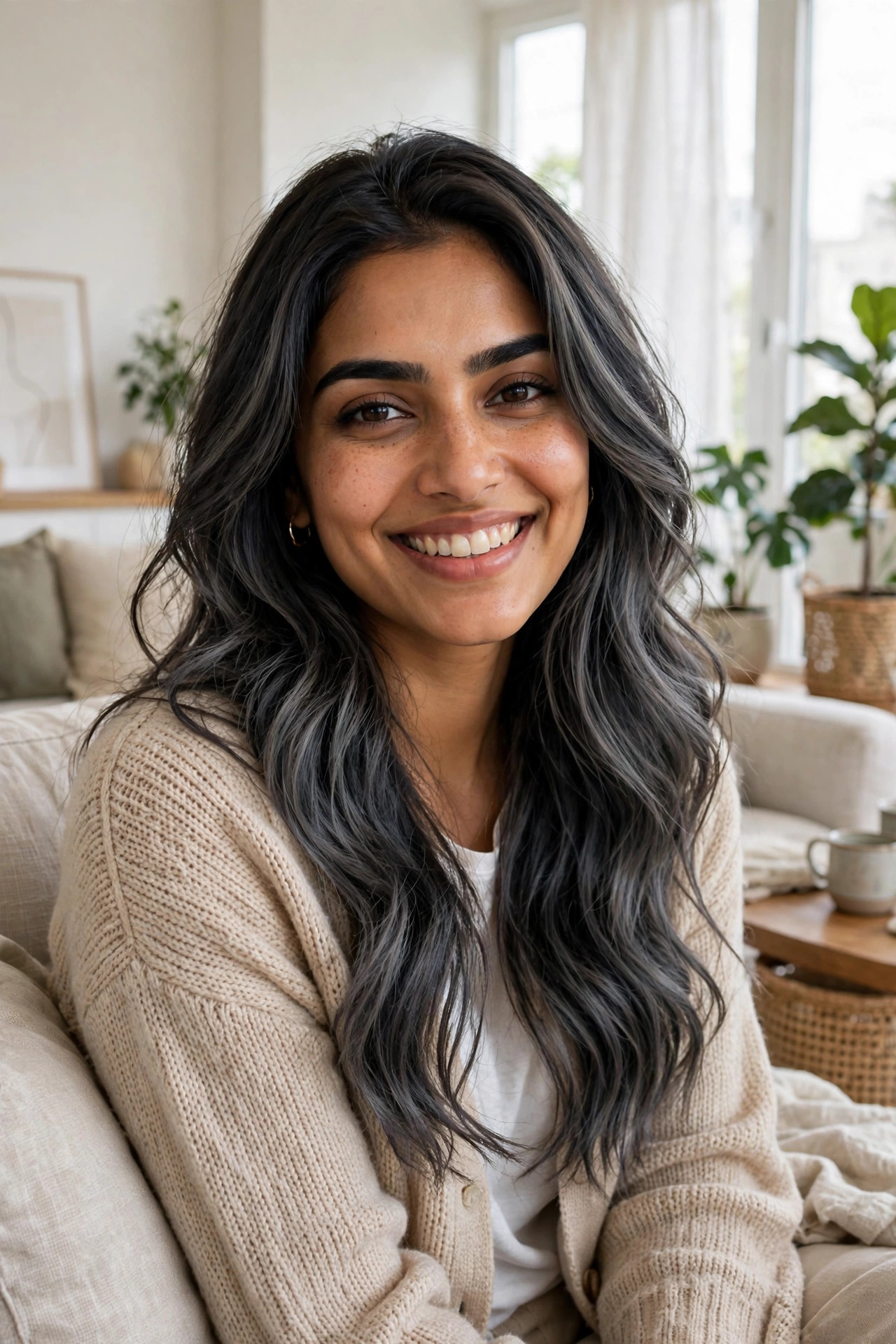 smoky charcoal balayage on long dark hair