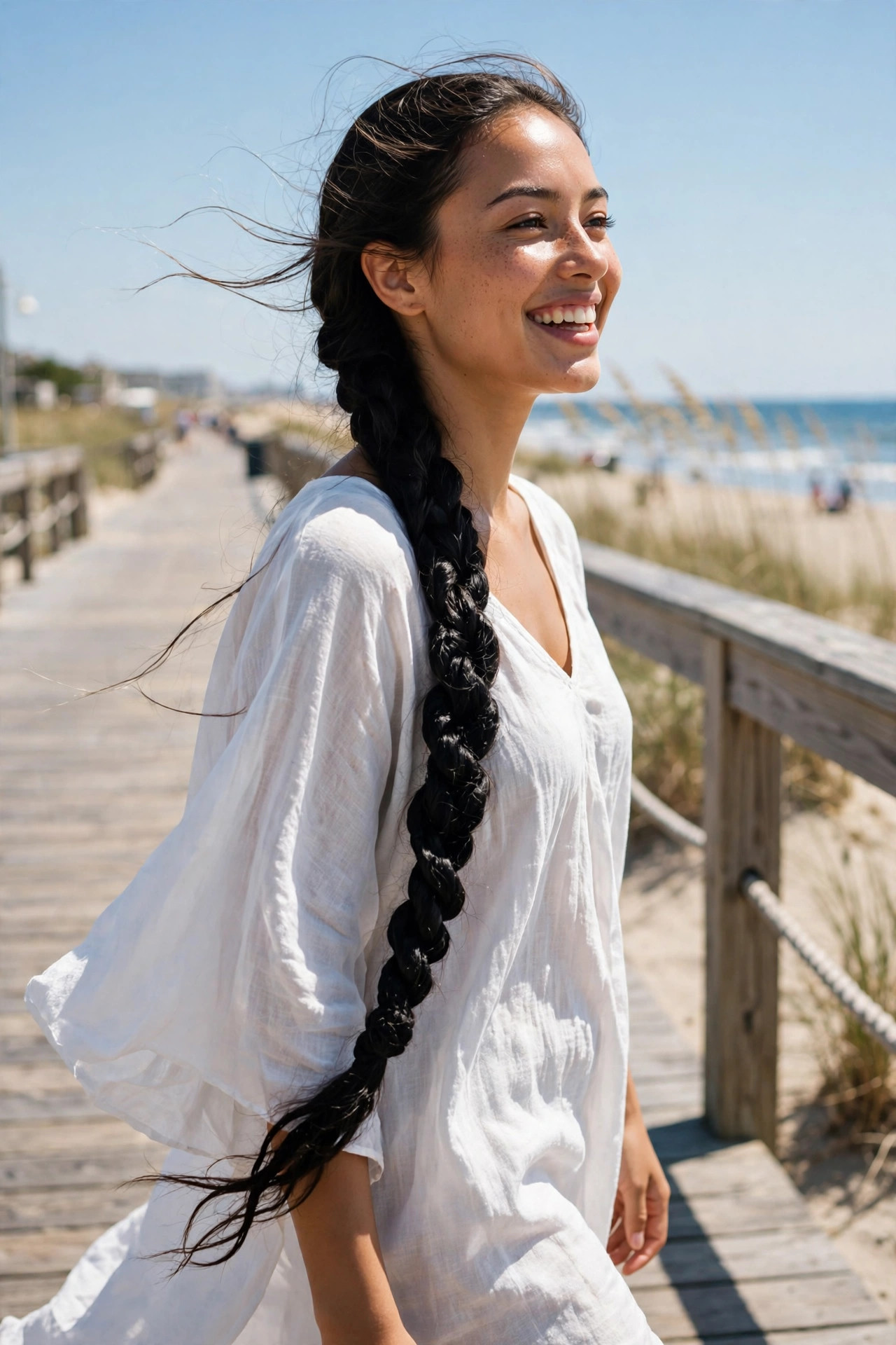 long twisted side braid draped over shoulder