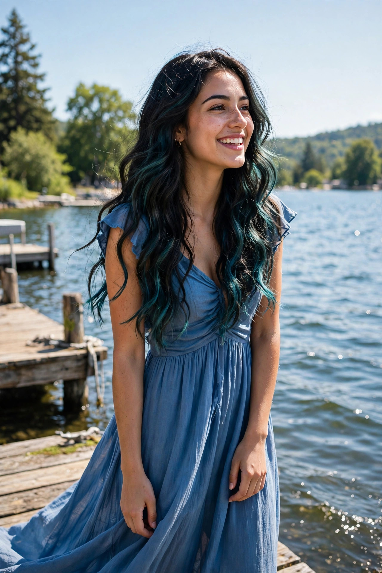 mermaid waves with teal shimmer on long dark hair